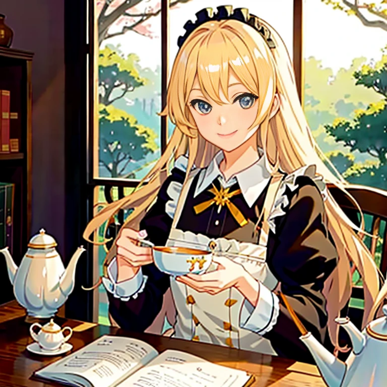 Anime girl sitting at a table with a teapot and a book, Cunning smile, [[[[grinning evily]]]], a maid in a magical forest, blonde anime girl with long hair, beautiful character painting, a serene smile, Beautiful Anime Portrait, anime girls in maid costumes, grinning lasciviously
