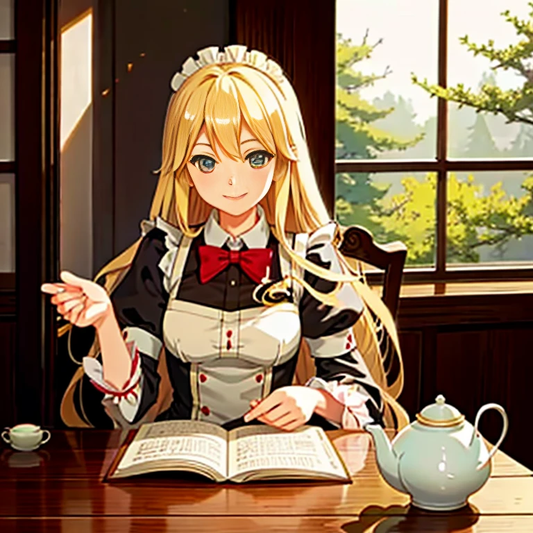 Anime girl sitting at a table with a teapot and a book, Cunning smile, [[[[grinning evily]]]], a maid in a magical forest, blonde anime girl with long hair, beautiful character painting, a serene smile, Beautiful Anime Portrait, anime girls in maid costumes, grinning lasciviously