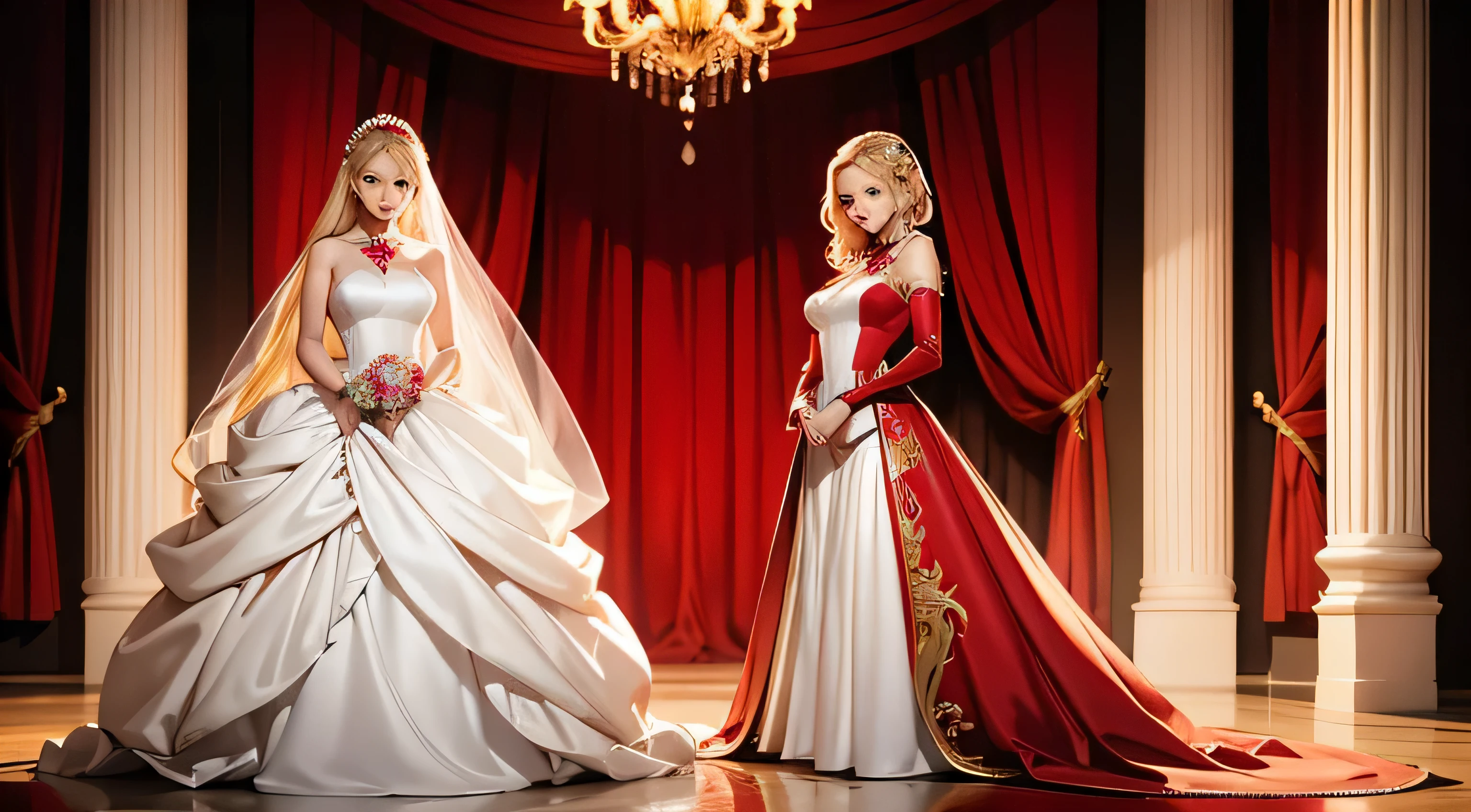 masterpiece, woman [sarah:melissa] with BEAUTIFUL BLONDE HAIR, beautiful large eyes, sharp eyebrow, full body, magician cloth, red SATIN wedding dress, with silk front, FRONT FACING, LARGE BREAST,  full body standing, INSPIRED BY WLOP, MARVEL animation