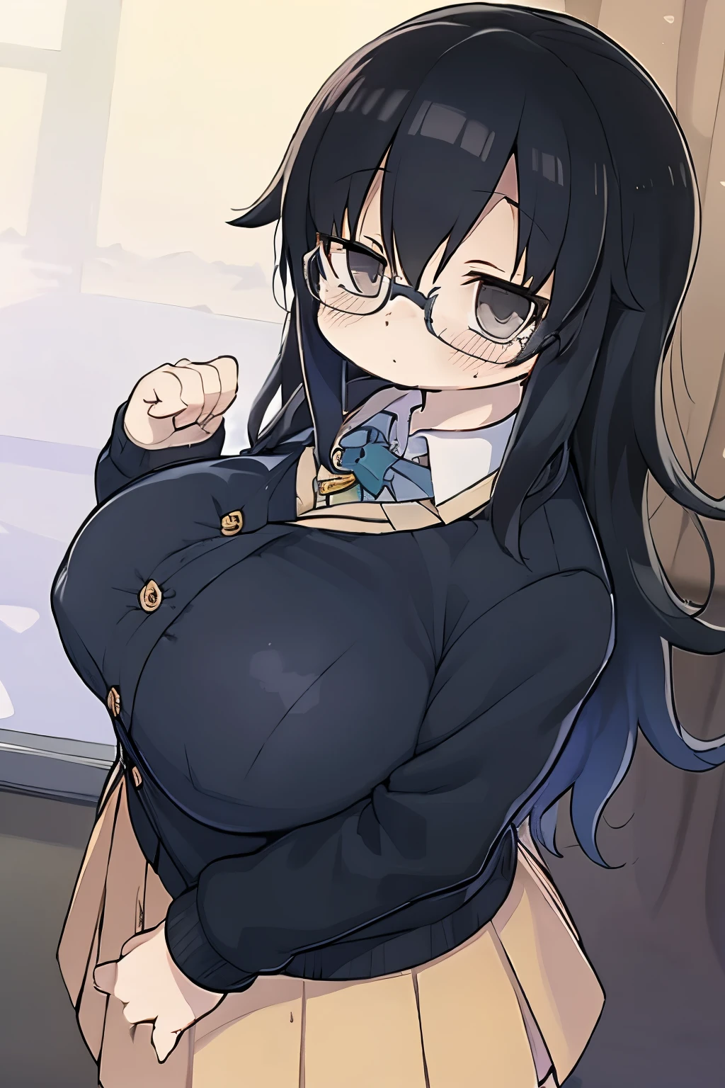 ((masutepiece, best quality)), 1girl, bbw, school uniform, japanese school uniform, ((black hair)), long hair, bangs, hair between eyes, glasses, shy, blush, looking at viewer, solo focus, bbw, big breast, thick thight, nerd, pastel colors, long sleeves, skirt, round face, round eyes, round glasses, black hair