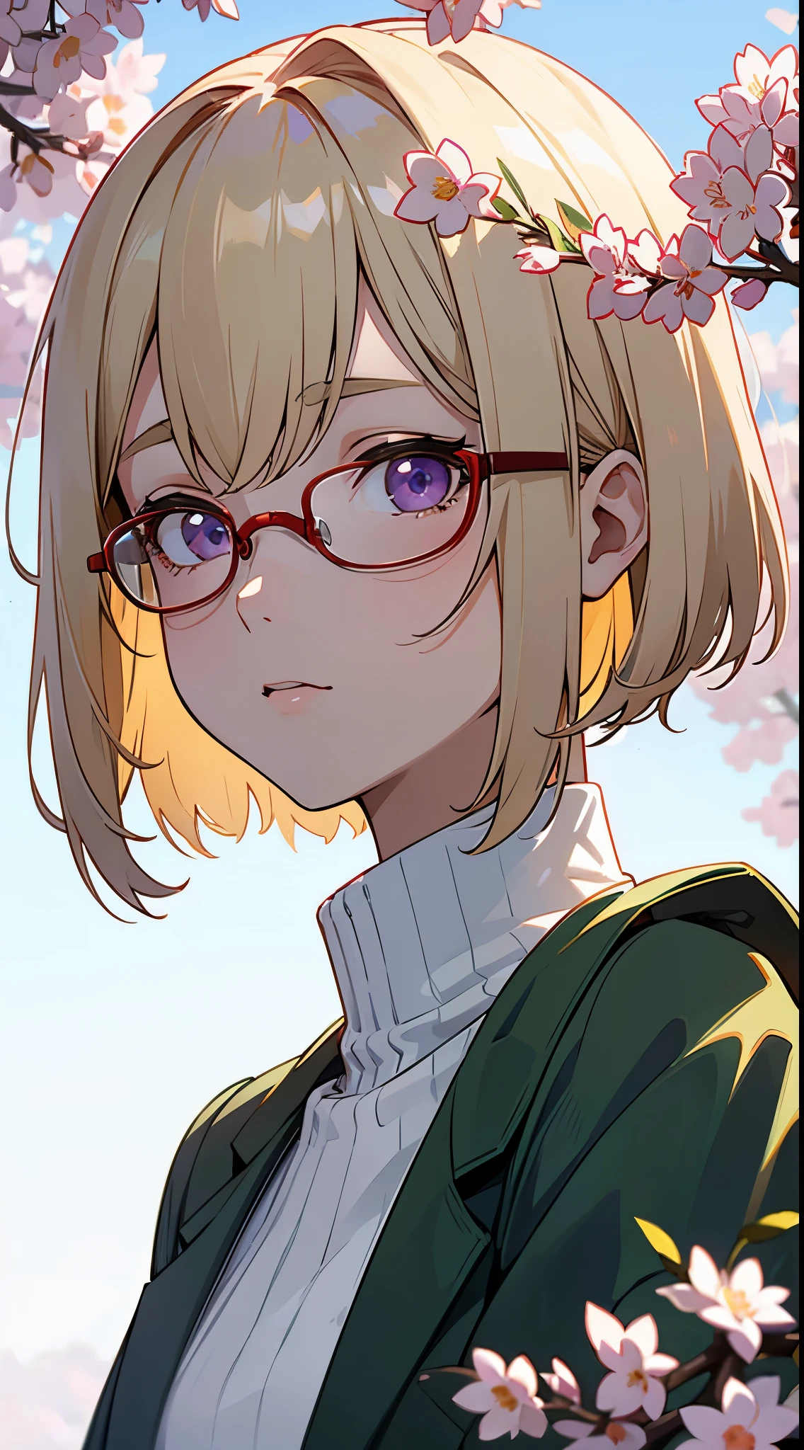 An 18-year-old woman、a blond、Short bob cut, Straight hair、Purple eyes、Dark green jacket、White Turtleneck Shirt、Gray slacks、Red-rimmed glasses、Looking at the front:1.5、Soft lighting that illuminates your face、Sakura Park、Under the blue sky、Slightly blur the background with depth of field、upper body close - up