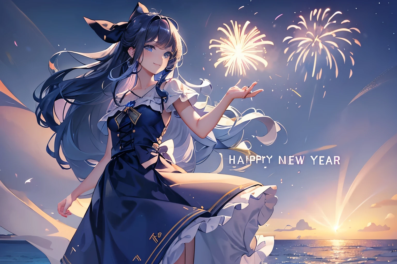 (text in "Happy new year!":1.2), masterpiece, Best Quality, Standing, Lieselotte Cretia, light smile, Long hair, Wavy Hair, Bangs, hair between eye, Hair Bow, Blue eyes, (Blue hair:1), resort dress, Beach, night fireworks scene, cinematic lighting