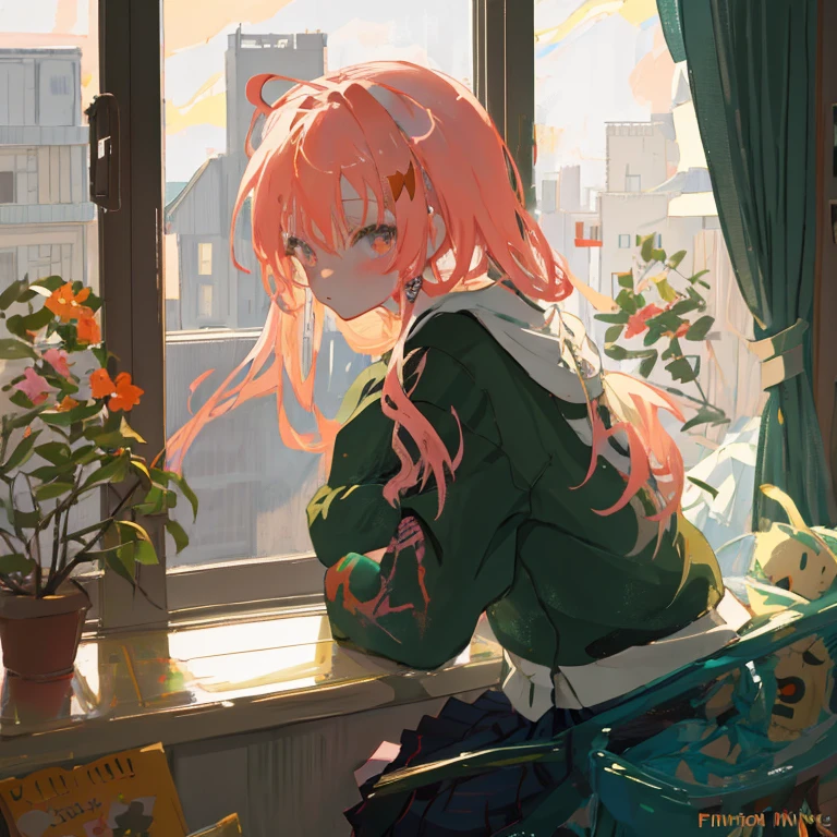 Anime girl sitting on window sill looking out window, Rin, lofi portrait at a window, painted in anime painter studio, Anime visuals of cute girls, best anime 4k konachan wallpaper, Anime art wallpaper 8k, 4k anime wallpaper, Leaning against the window, anime art wallpaper 4k, anime art wallpaper 4k