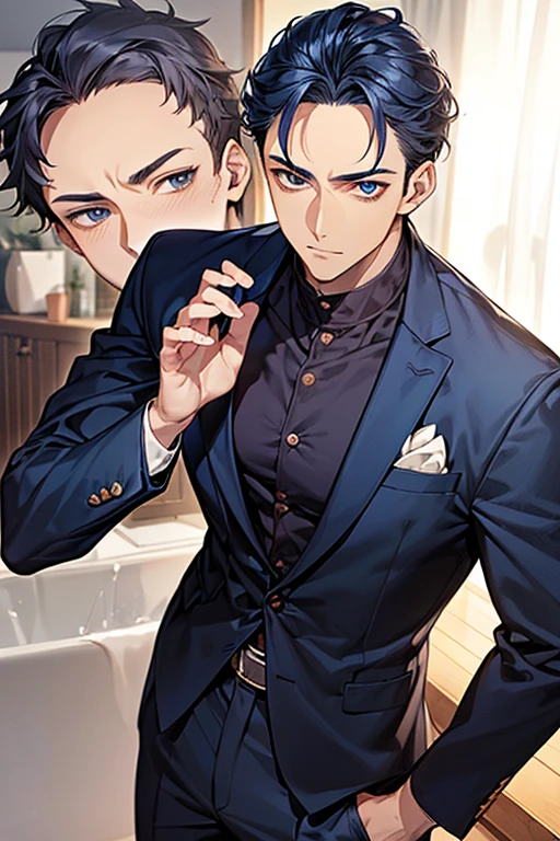 ((masutepiece)), ((Best Quality)), ((Brown skin)), ((Dark blue eyes)), ((Dark blue hair))、Handsome man , ((Very short hair、Forehead)), masculine、tall、A sexy、 man、Sanpaku eyes、Suits、handsome man、Shigeru Koura、Firmly、well-muscled、broad shoulders、Invincible smile、Allback