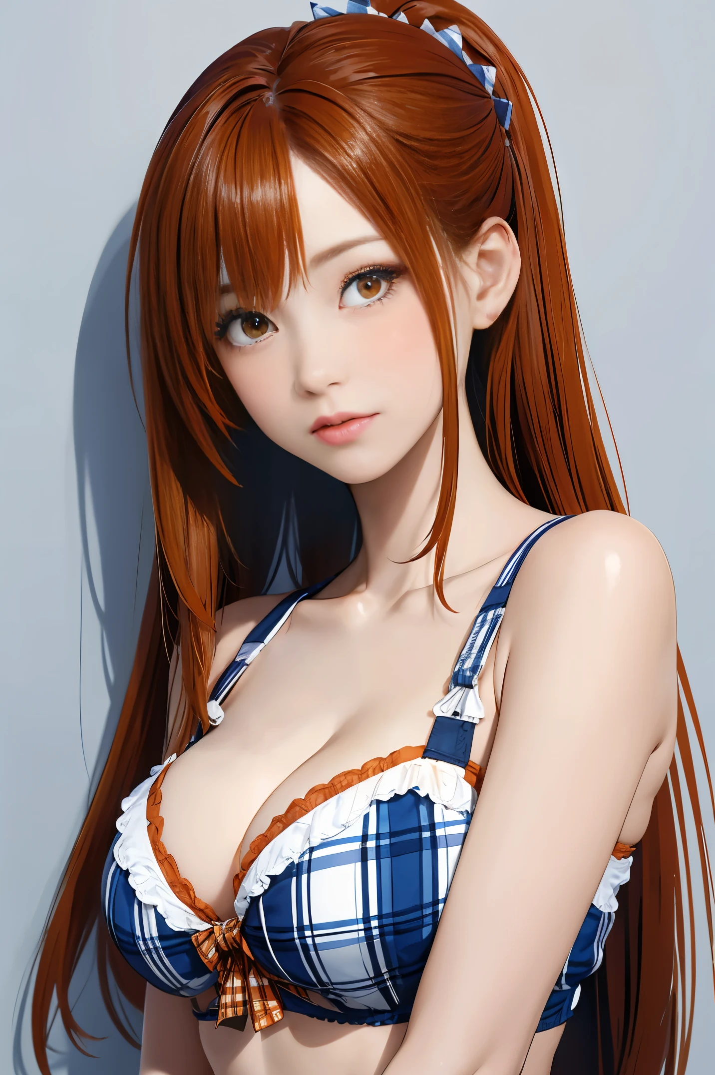 The upper part of the body、an oil painting、​masterpiece、Ink painting style、top-quality、hight resolution、Orange long hair、Orange long hair、Naughty look、(((White and blue plaid bra)))、(((White and blue gingham plaid)))、The upper part of the body、Female face、Embarrassed face、sweat-wet skin、The background is all white、side poneyTail、((Side tail hair))、Arms folded in front of the chest、I'm embarrassed