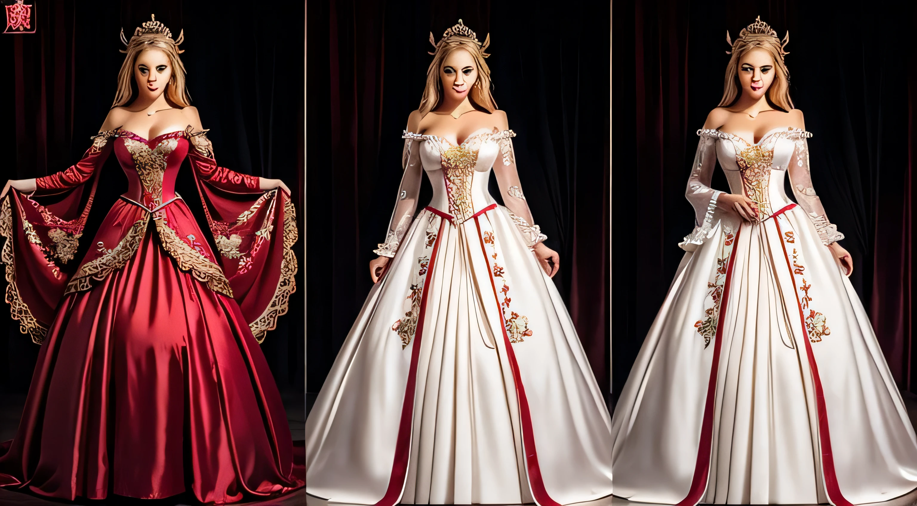 masterpiece, woman {sarah:melissa] with BEAUTIFUL BLONDE HAIR, beautiful large eyes, sharp eyebrow, IN full body, magician cloth, red SATIN wedding dress, hanfu DRESS with silk front, FRONT FACING, LARGE BREAST, CORSET TOP, full body standing, INSPIRED BY WLOP, MARVEL COMICS