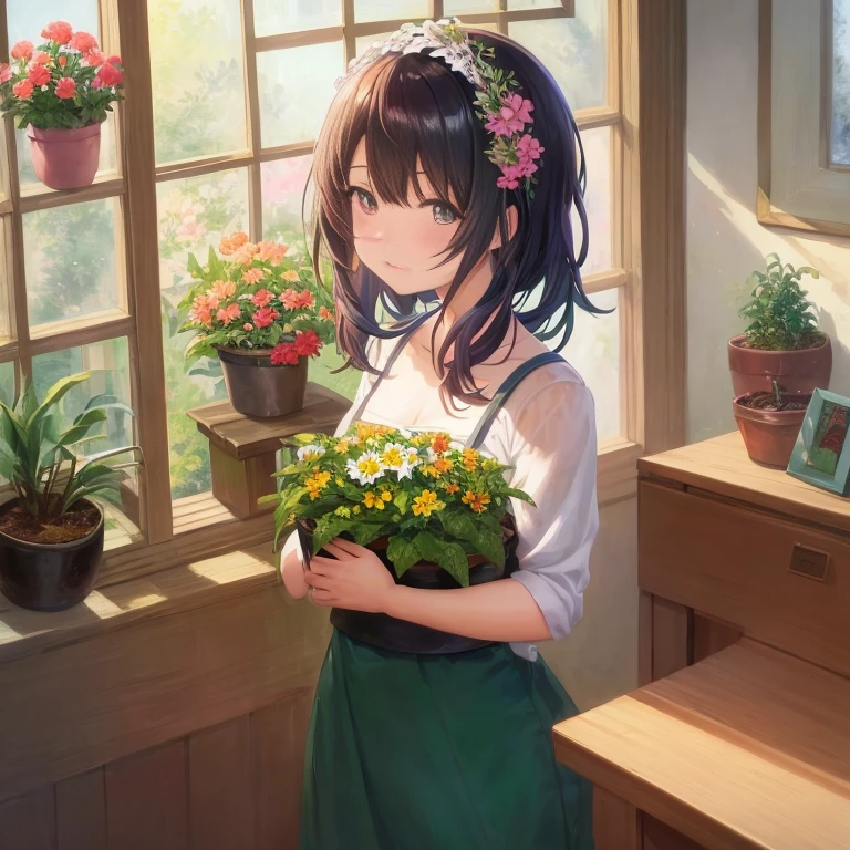 Anime girl holding a potted plant in front of the window, by Kamagurka, painted in anime painter studio, marin kitagawa fanart, Anime visuals of cute girls, with flowers, guweiz on pixiv artstation, made with anime painter studio, artgerm and atey ghailan, anime moe art style, Cute anime girl