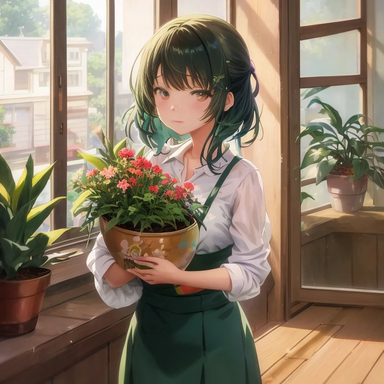 Anime girl holding a potted plant in front of the window, by Kamagurka, painted in anime painter studio, marin kitagawa fanart, Anime visuals of cute girls, with flowers, guweiz on pixiv artstation, made with anime painter studio, artgerm and atey ghailan, anime moe art style, Cute anime girl