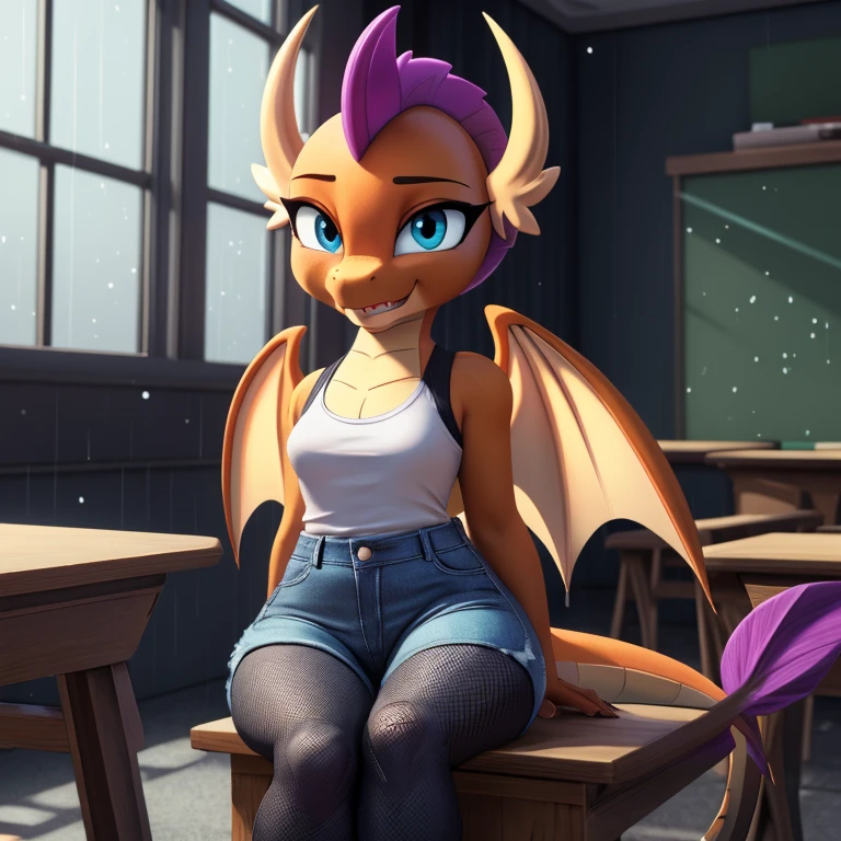 (Masterpiece, highly detailed, anime style render, slightly blurred background, cinematic light particles, close-up view, front view:1.1), ((Smolder)), (scalie:1.2), (((((short stack))))), dragon girl, purple hair, solo, wings, (tail), sitting in a school desk with a book and near a window with rain drops, ((wearing dark blue denim shorts)), ((black fishnet leggings)), black punk boots, black sleeveless shirt, (((smiling seductively at viewer centered, with half-closed eyes:1.2, very visibly aroused))), (((thick thighs))), (thigh gap), ((vertical-slit pupils)), spreading wings, (detailed orange scales:1.1), (big wide detailed cyan cartoon eyes:1.2), (digitigrade:1.2), ((in a detailed white university classroom with windows, on a raining day, at noon))