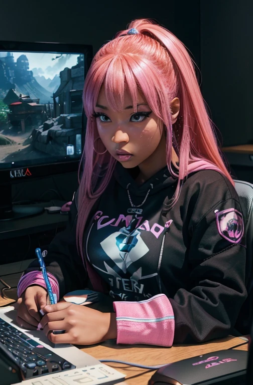 Hyper-detailed realistic photo: An attractive light skinned African American gamer girl writing a blog post. She is engrossed in her work, with a focused expression on her face. Her style is casual and modern, reflecting her passion for gaming. The image captures her in a comfortable setting, surrounded by gaming peripherals and a computer setup. This portrayal celebrates the diversity and talent of gamer girls in the online gaming community.
Background: black desert, black, pink and blue mountains, blue sky and bright lighting, 3d rendering, 8k post prodaction