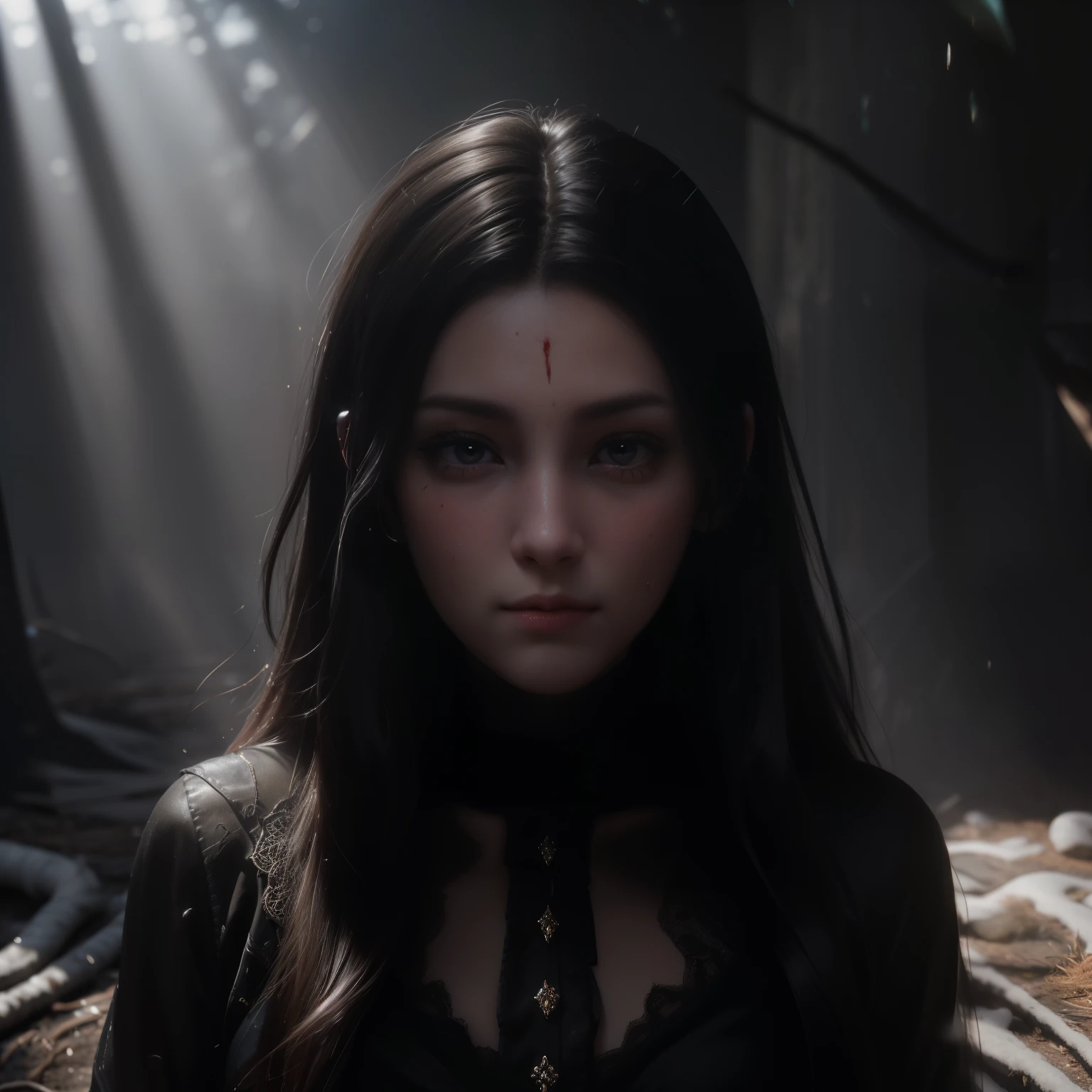 The demon in my head, Dark art, Bloody eyes , Dark eyes, Blood, hoarfrost metal lace, fantasy, Sunlight, rays of sunshine, intricately details. 8K, Dreamlike, surrealism, Symmetrical, Soft lighting, Intricate details, Highly detailed, illusory engine, aspect::4:3, mistic