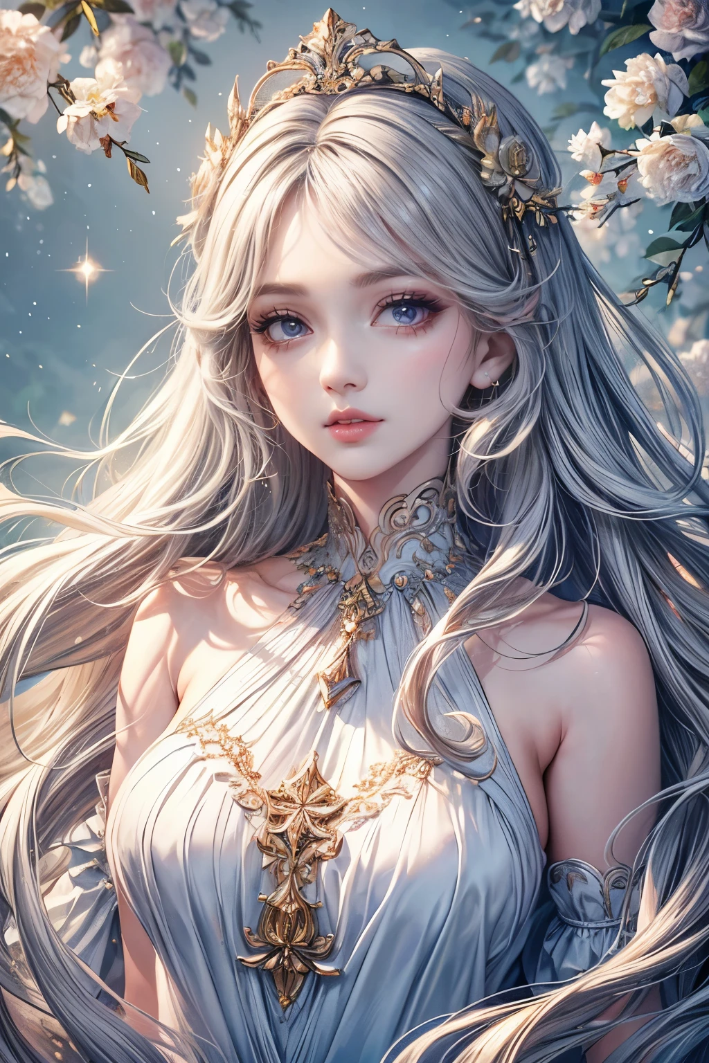(best quality,8K,CG),detailed upper body,lonely girl,floral forest background,complex facial features,elegant long curly hair,almond-shaped big eyes,detailed eye makeup,long eyelashes,twinkling stars,exquisite lip details,soft and harmonious style.