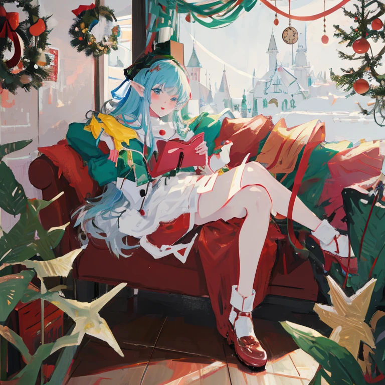 Anime girl sitting on a red sofa with Christmas decorations, Elf Girl, elf sitting on the sofa, official artwork, Lori, by Kamagurka, guweiz on pixiv artstation, Happy!!!, Trending on ArtStation pixiv, 11 o'clock, Rin, guweiz on artstation pixiv, holiday vibe, Elf Girl weaRing an flower suit