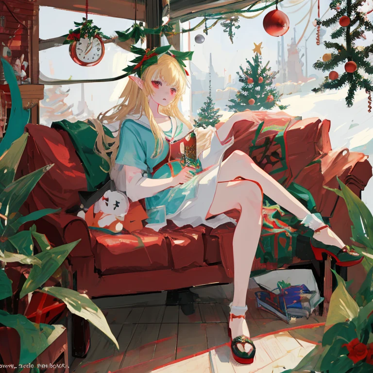 Anime girl sitting on a red sofa with Christmas decorations, Elf Girl, elf sitting on the sofa, official artwork, Lori, by Kamagurka, guweiz on pixiv artstation, Happy!!!, Trending on ArtStation pixiv, 11 o'clock, Rin, guweiz on artstation pixiv, holiday vibe, Elf Girl weaRing an flower suit
