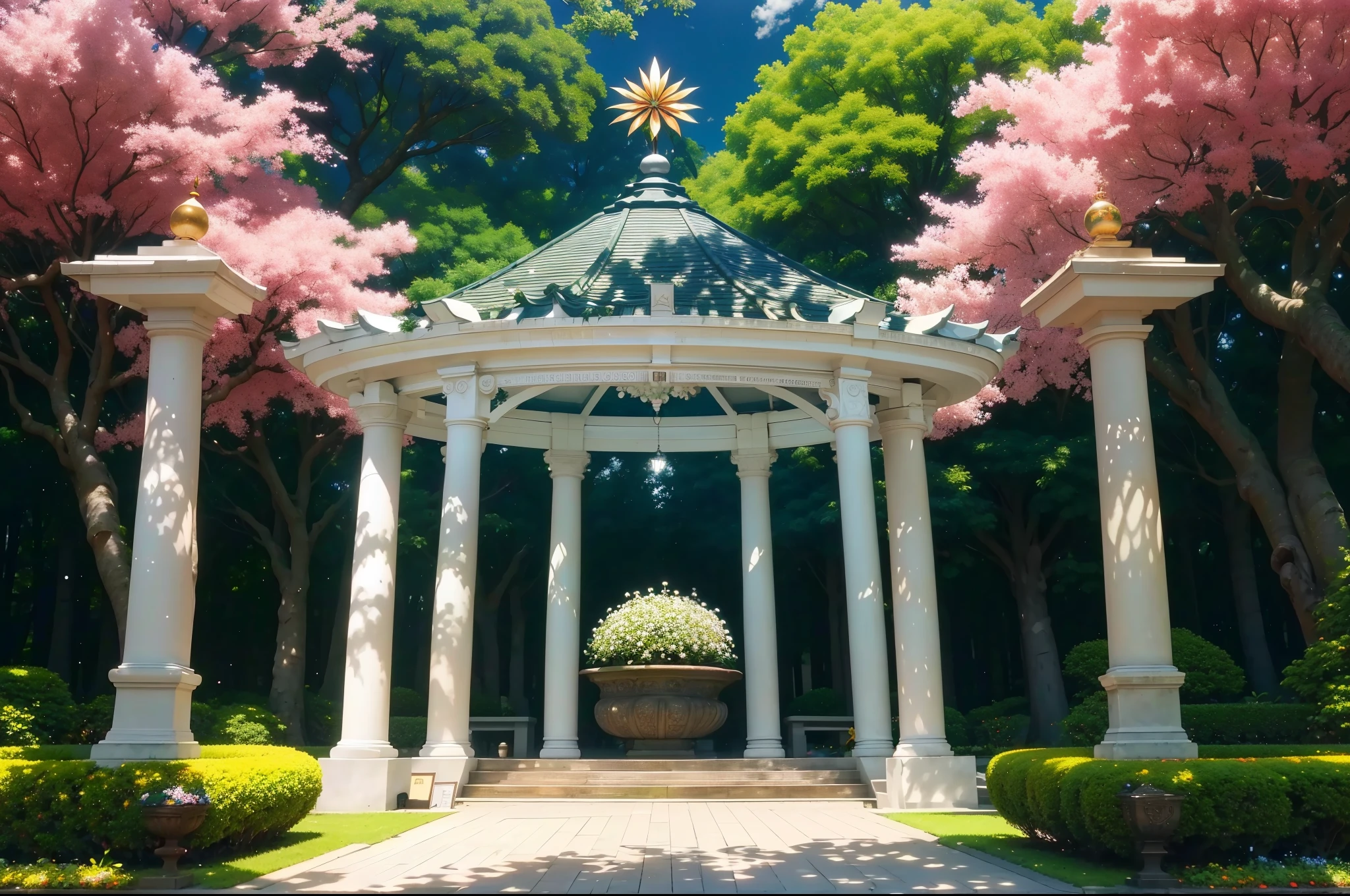 (clarify:1.3), a lush green tree, flowers blooming, rosette, (a plant), As estrelas, Starcloud, beautiful cloud, themoon, tropical garden, gazebo, (フォトリアリスティック:1.5), (Good shadows), good construction, Volumetriclighting, 电影灯光, good construction, (Best quality at best, Award-Awarded, tmasterpiece:1.5),