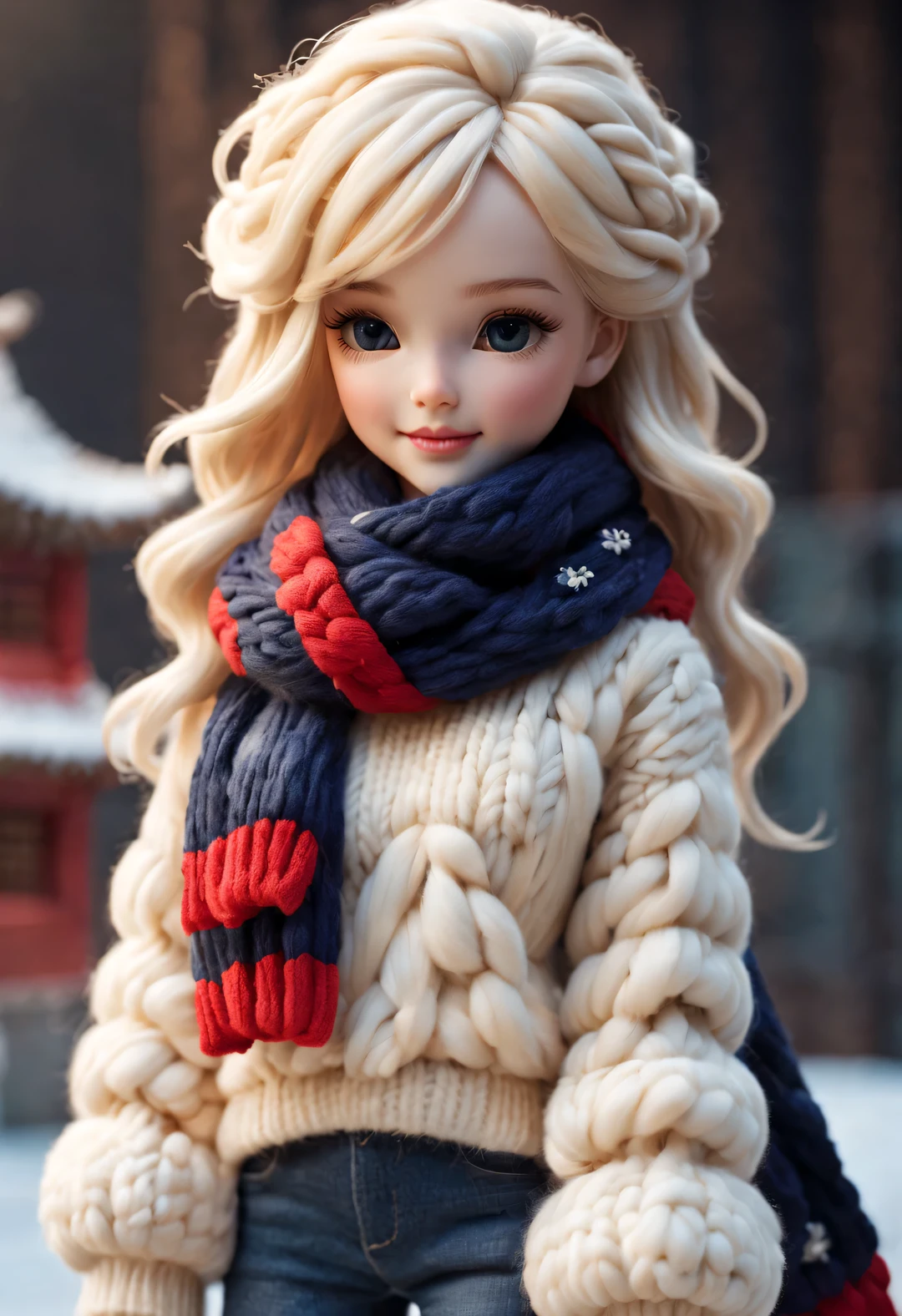 （Plush toy design），（）Close-up of smiling cute Chinese dragon baby and Barbie couple），（wool craft），（Fluffy：0.68） ，Winter high-end gorgeous fashion Chinese style sweater scarf， Cute 3d rendering，Background with：Dark navy and fiery red，heavy snow ground，golden colored，Use superb skills and superb techniques，Weave wool into a variety of styles and textures。ao mesmo tempo，Pay attention to the edge of the sweater、stitching、Details such as stitchinake sure the sweater has smooth lines、Smooth and traceless，Demonstrate perfect craftsmanship quality。Cute and detailed digital art，Miniature feeling，stylized 3d render，3d rendered figure art 8k，lovely digital painting，Anime style 3D，Ultra-detailed rendering