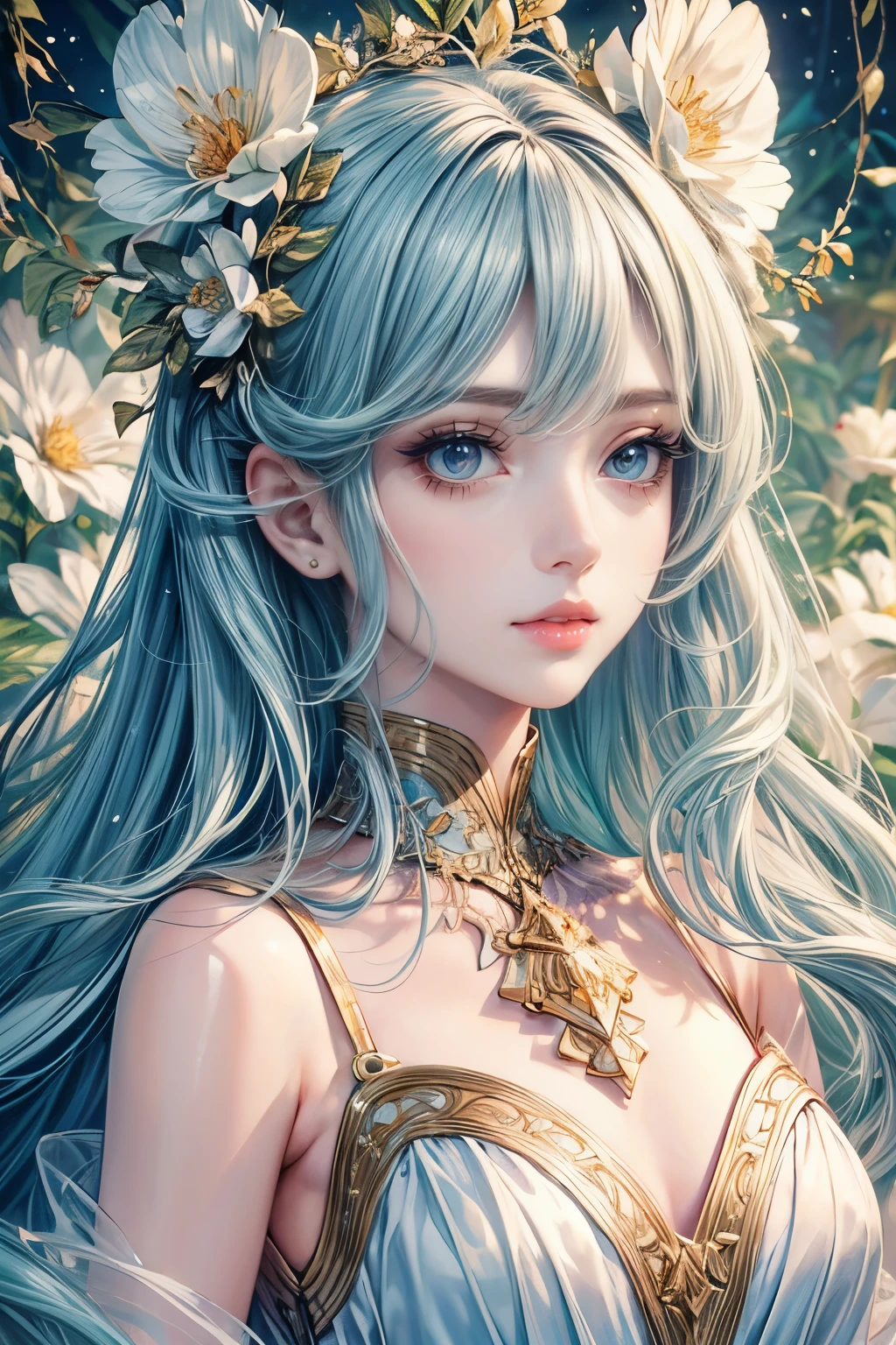 (best quality,8K,CG),detailed upper body,lonely girl,floral forest background,complex facial features,elegant long curly hair,almond-shaped big eyes,detailed eye makeup,long eyelashes,twinkling stars,exquisite lip details,soft and harmonious style.