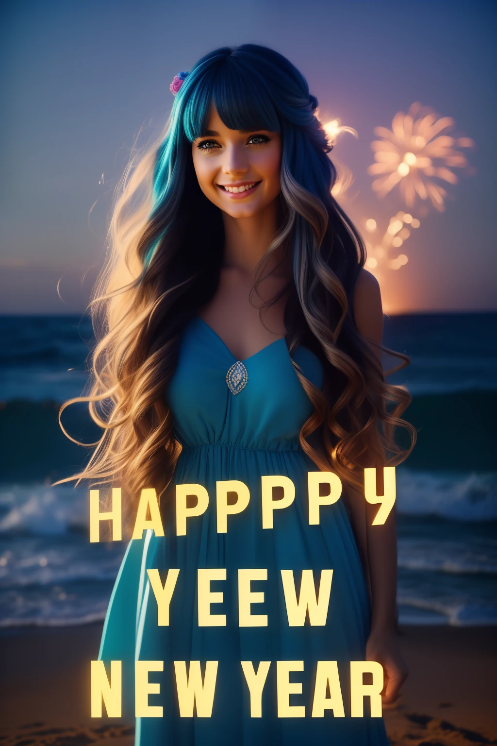 (text in "Happy new year!":1.2), masterpiece, Best Quality, Standing, Lieselotte Cretia, light smile, Long hair, Wavy Hair, Bangs, hair between eye, Hair Bow, Blue eyes, (Blue hair:1), resort dress, Beach, night fireworks scene, cinematic lighting