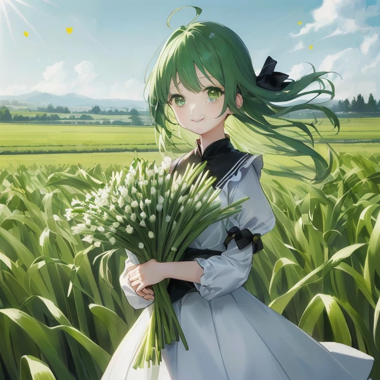 Green hair anime girl with a bouquet in the field, Anime visuals of cute girls, High resolution in the field, オープンgreen fields, You can see a green field, Official art, green fields, Official artwork, in flower field, verdant green fields, guweiz, arte koto no ha no niwa