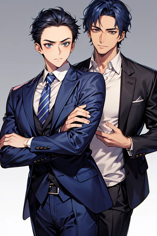 ((masutepiece)), ((Best Quality)), ((Brown skin)), ((Dark blue eyes)), ((Dark blue hair))、Handsome man , ((Very short hair、Forehead)), masculine、tall、A sexy、 man、Sanpaku eyes、Suits、handsome man、Shigeru Koura、Firmly、well-muscled、broad shoulders、Invincible smile、Allback