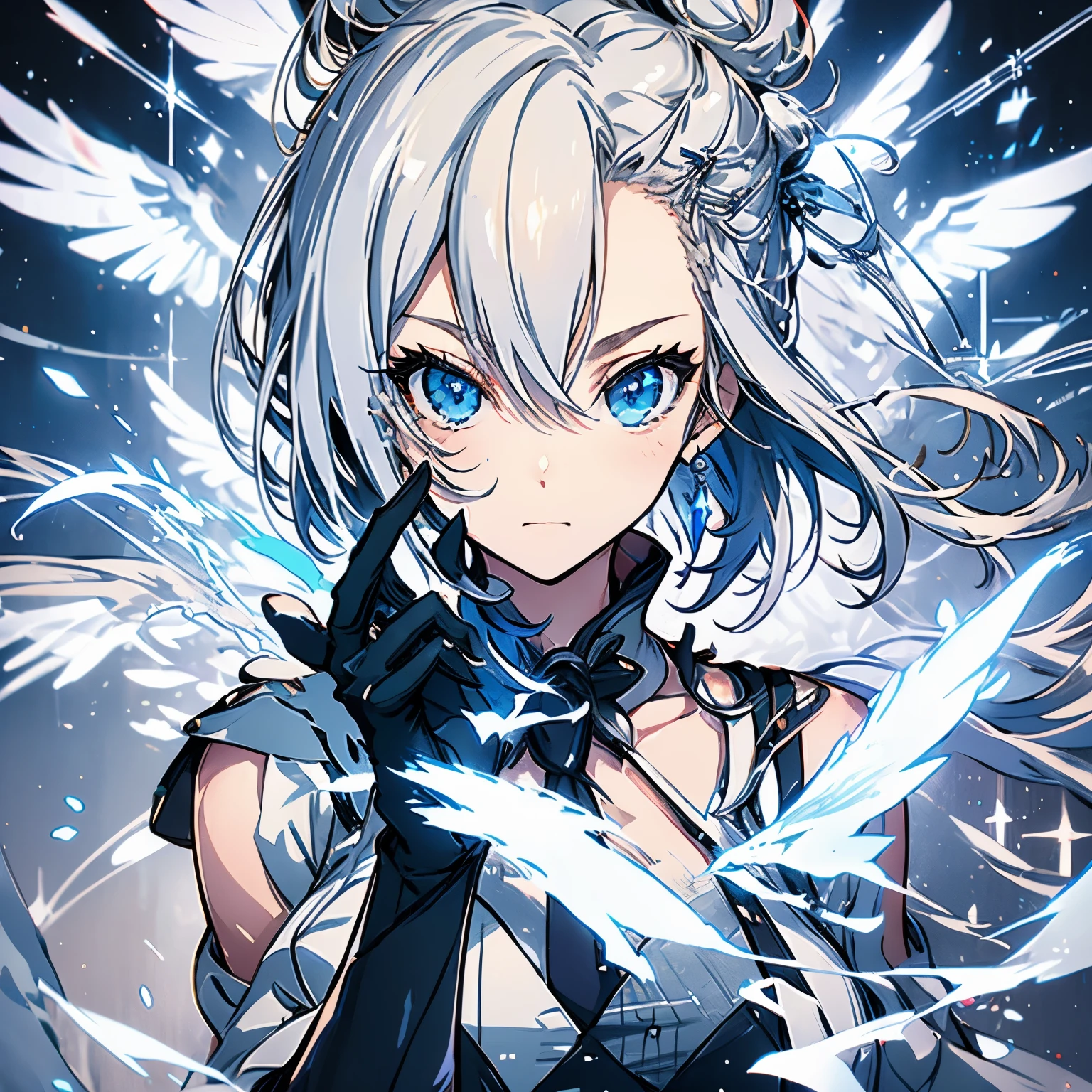 Winterschnee, winter snow, Blue eyes, White hair, Hair bun, Single hair bun,
BREAK gloves, long boots, neck tie, Black Gloves, Belt bag, Pants, Black footwear, uniform, high-heels, coat, Blue Pants, knee boots, ブラックneck tie, high-heels ブーツ, White coat,
Break indoors, castle,
BREAK looking at viewer, (Cowboy Shot:1.5),
BREAK (masutepiece:1.2), Best Quality, High resolution, Unity 8k壁纸, (Illustration:0.8), (Beautiful detailed eyes:1.6), extra detailed face, Perfect Lighting, extremely details CG, (Perfect hands, Perfect Anatomy),