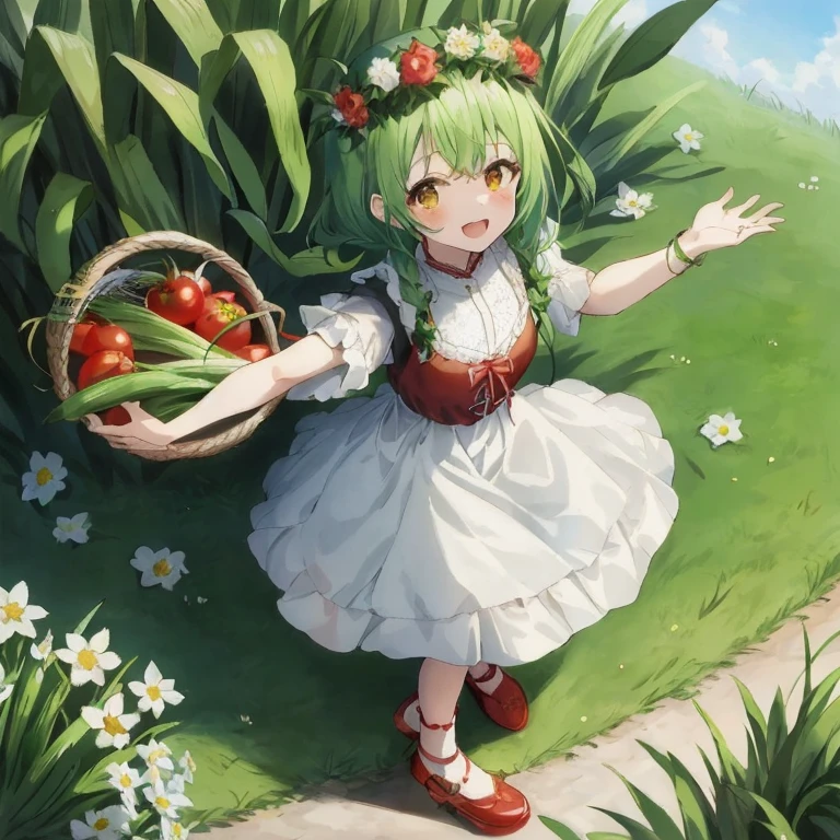 Anime girl with green hair and red shoes holding a basket of tomatoes, Lori, small curvy Lori, Lori in dress, small Lori girl, from touhou, Shirabii, she is the center of the garden, splash art anime Lori, official artwork, Rin, Touhou Project, Anime visuals of cute girls, guweiz