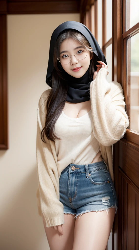 iu:0.8).cleavage, RAW, Best quality, high resolution, Masterpiece: 1.3, Beautiful glasses hijabi java girl wearing shorts and sportra, Masterpiece, Soft smile