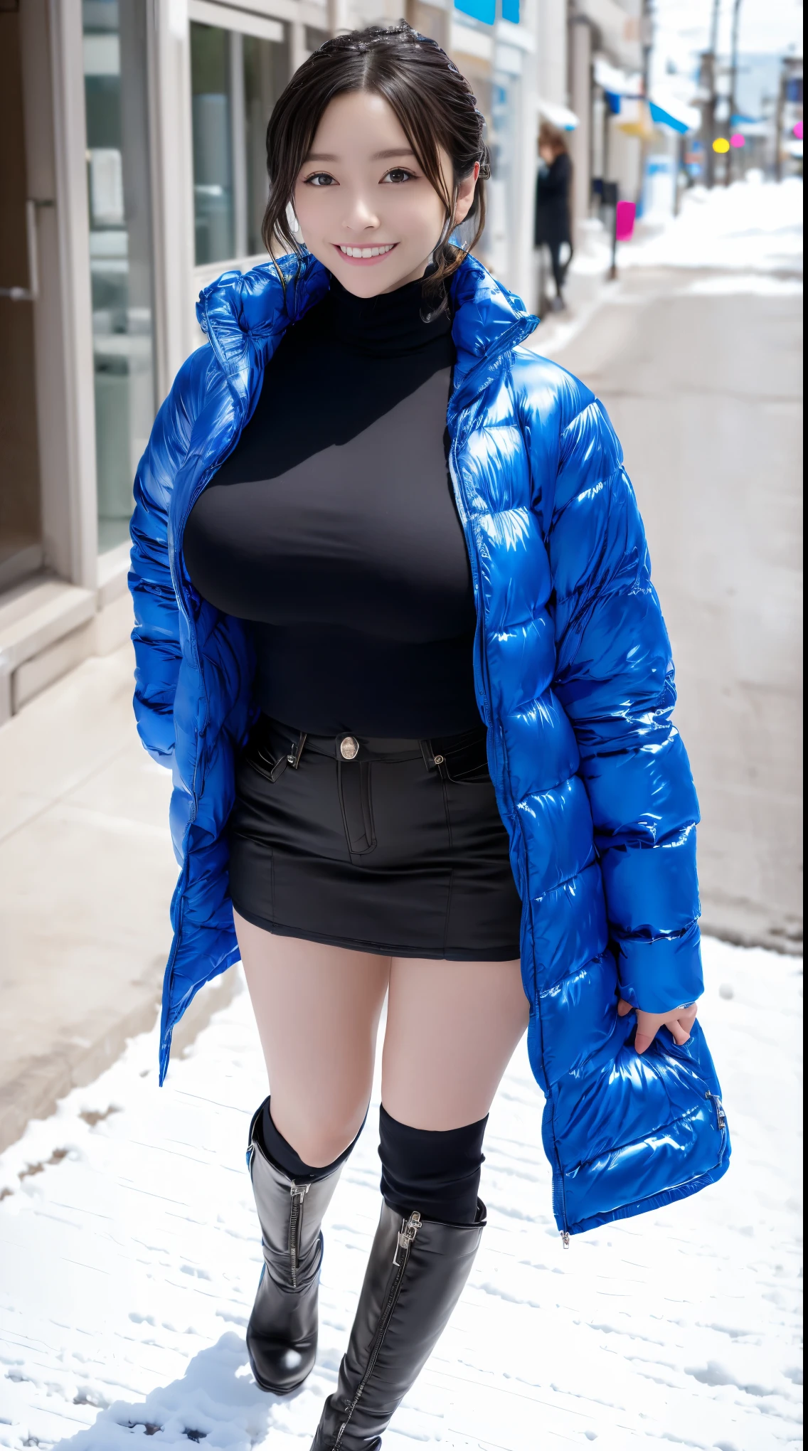 (in 8K、超A high resolution、Best Quality、masuter piece、Photorealsitic、The ultra -The high-definition)、(huge tit、black turtleneck made of thin fabric、Always wear a blue down jacket、Definitely a pretty short black micro miniskirt:1.28)(Always walk through the city when it snows:1.1)A Japanese Lady、Cute smile、Enamel boots