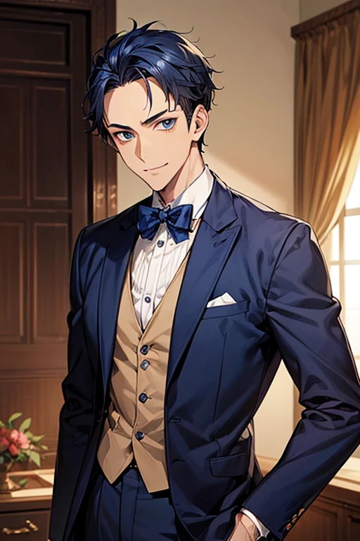 ((masutepiece)), ((Best Quality)), ((Brown skin)), ((Dark blue eyes)), ((Dark blue hair))、Handsome man , ((Very short hair、Forehead)), masculine、tall、A sexy、 man、Sanpaku eyes、Suits、handsome man、Shigeru Koura、Firmly、well-muscled、broad shoulders、Invincible smile、Allback