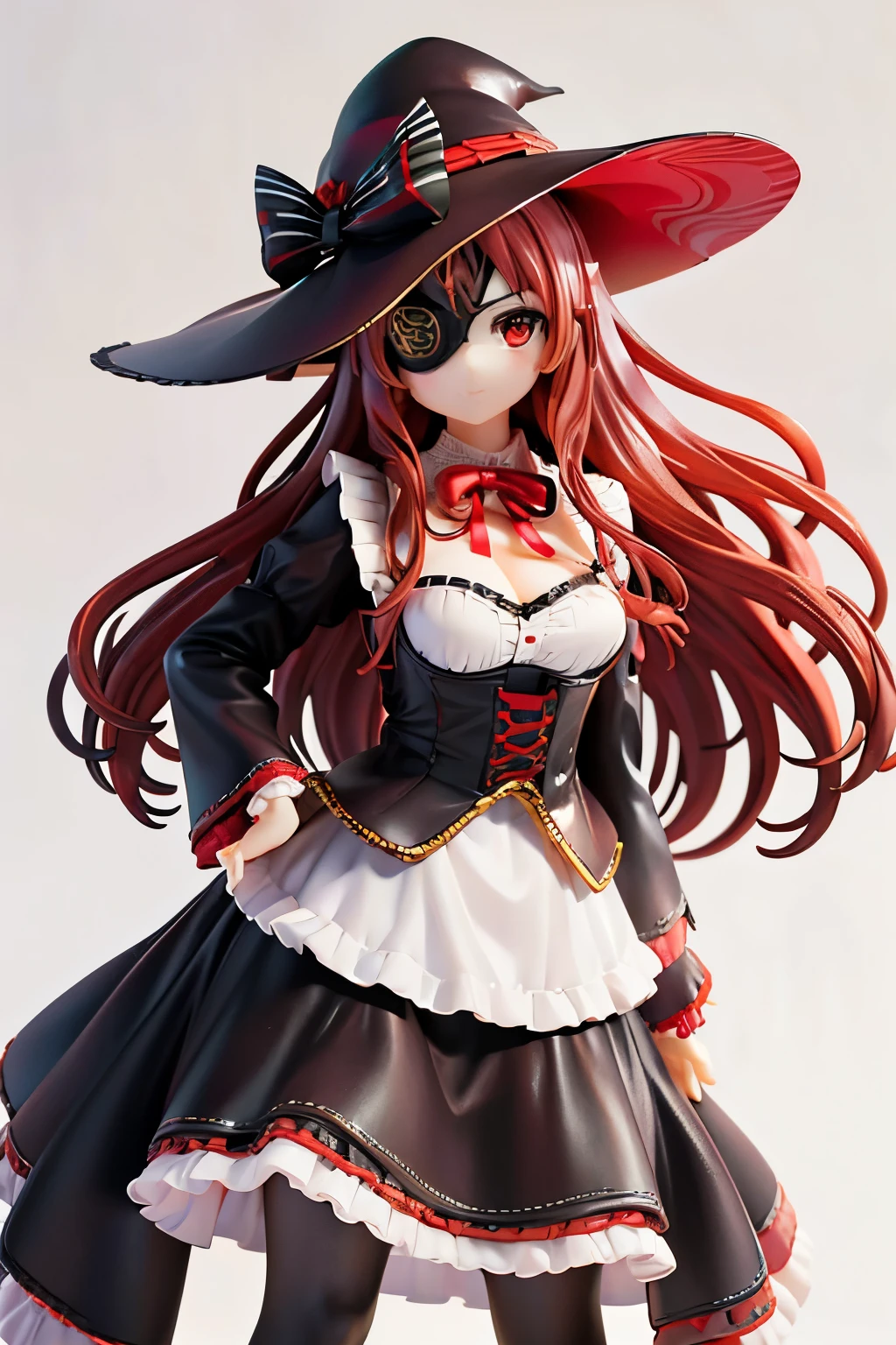 ((best quality)), ((masterpiece)), (detailed), perfect face, ((eyepatch:1.2)), (long hair:1.4), (red hair, red eyes:1.4), Hwa Ryun, smile, 1girl, solo, hat, big hat, skirt, legging, witch hat, dirndl gown, black headwear, black dirndl gown, smile, outdoors, black skirt, looking at viewer, black legging, rose pattern legging, red witch hat, long sleeves, bangs, ribbon, frilled skirt, frills, plaid, bow, open clothes, blush, neck ribbon, Star shape eyepatch, gold eyepatch, standing, red ribbon, wide sleeves, black robe, open robe, robe, hand on waist, medium breasts, full body, Photorealistic, Hyperrealistic, Hyperdetailed, analog style, detailed skin, matte skin, soft lighting, subsurface scattering, realistic, heavy shadow, masterpiece, best quality, ultra realistic, 8k, golden ratio, Intricate, High Detail, film photography, soft focus, hollow eyes, white background, Action figure girl, nendoroid