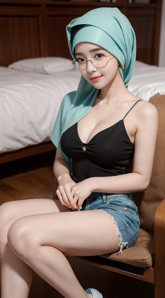 iu:0.8).cleavage, RAW, Best quality, high resolution, Masterpiece: 1.3, Beautiful glasses hijabi java girl wearing shorts and sportra, Masterpiece, Soft smile