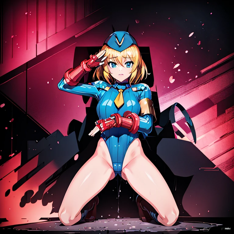 ultra-detailed, Explicit, Beautiful body, Beautiful Nose, Beautiful character design, perfect eyes, perfect face, ultra highres, 4K, beautiful legs, perfect legs, Nice hands, Perfect hand, Masterpiece, Best Quality, Highly detailed, illustration, absurdres, street fighter, doll suit, shadaloo doll, dollsuit, expressionless, blank eyes, looking at viewer, red gloves, emotionless, black latex, corrution, mind control, female combatant, full body, hypnotized, unhappy trance, full body suit, ribbed bodysuit, both arms at side, obey, perfect female body, extremely glossy latex, hypnosis, hypnoLora, empty eyes, Mind control device, poses, submissive_pose, Slave, hat, necktie, kneeling straight, kneeling, kneeling at attention, hat, necktie, belt, latex, ribbed bodysuit, thighhighs, garter belt, Fighting Stance, extending the right arm from the shoulder into the air with a straightened hand, nazi saluting, military, military saluting, salute, thigh boots, solo, 1girl, Ootomo Sourin, Blue eyes, blonde hair, medium hair, Sengoku Otome