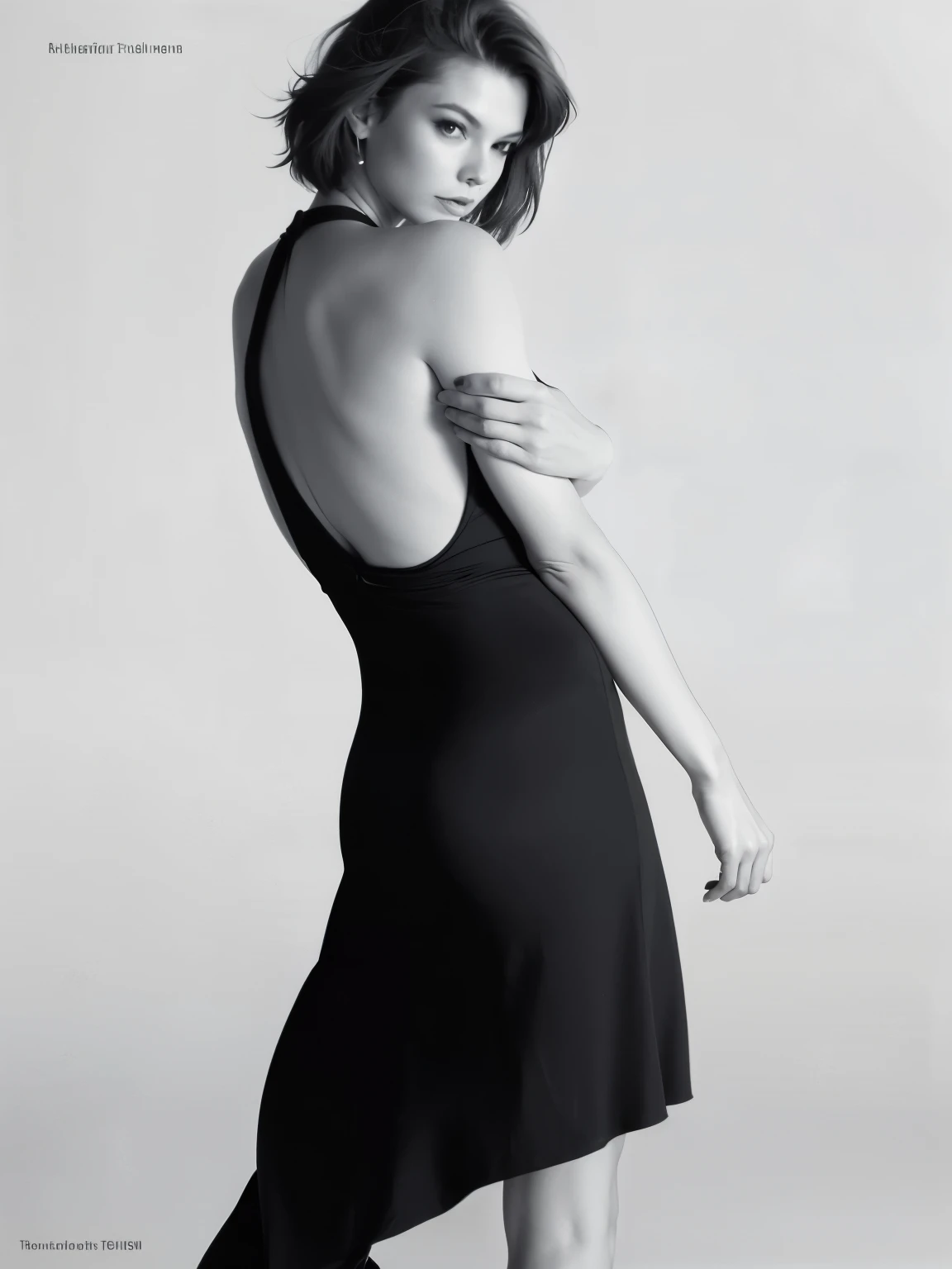 A woman in a black dress posing for a magazine, Taylor Swift styling, back and white, author：Clifford Ross, Sleek curves, by Daniel Taylor, Patrick Demarchelier, Thomas Fogarty, by Steven Beledin, back slit,  and stylish shape, She turned her back to us, calvin klein photography, The long and smooth tail behind, author：Dan Fraser, Supermodel