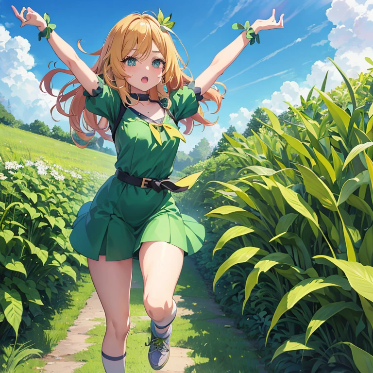 Anime girl in a green dress running through the grassland, maRin kitagawa fanart, the anime girl is running, anime lush john 8k woods, Smooth Anime CG Art, Rin, [ 4 k digital art ]!!, Official artwork, Official art, digital anime art!!, Anime visuals of cute girls, High quality anime art style, made with anime painter studio