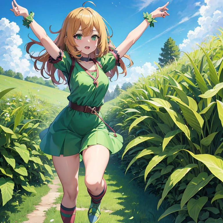Anime girl in a green dress running through the grassland, maRin kitagawa fanart, the anime girl is running, anime lush john 8k woods, Smooth Anime CG Art, Rin, [ 4 k digital art ]!!, Official artwork, Official art, digital anime art!!, Anime visuals of cute girls, High quality anime art style, made with anime painter studio