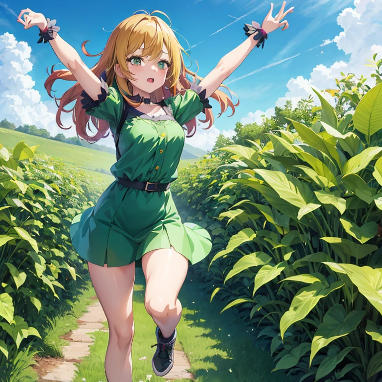 Anime girl in a green dress running through the grassland, maRin kitagawa fanart, the anime girl is running, anime lush john 8k woods, Smooth Anime CG Art, Rin, [ 4 k digital art ]!!, Official artwork, Official art, digital anime art!!, Anime visuals of cute girls, High quality anime art style, made with anime painter studio