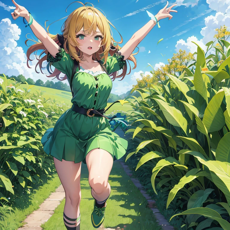 Anime girl in a green dress running through the grassland, maRin kitagawa fanart, the anime girl is running, anime lush john 8k woods, Smooth Anime CG Art, Rin, [ 4 k digital art ]!!, Official artwork, Official art, digital anime art!!, Anime visuals of cute girls, High quality anime art style, made with anime painter studio