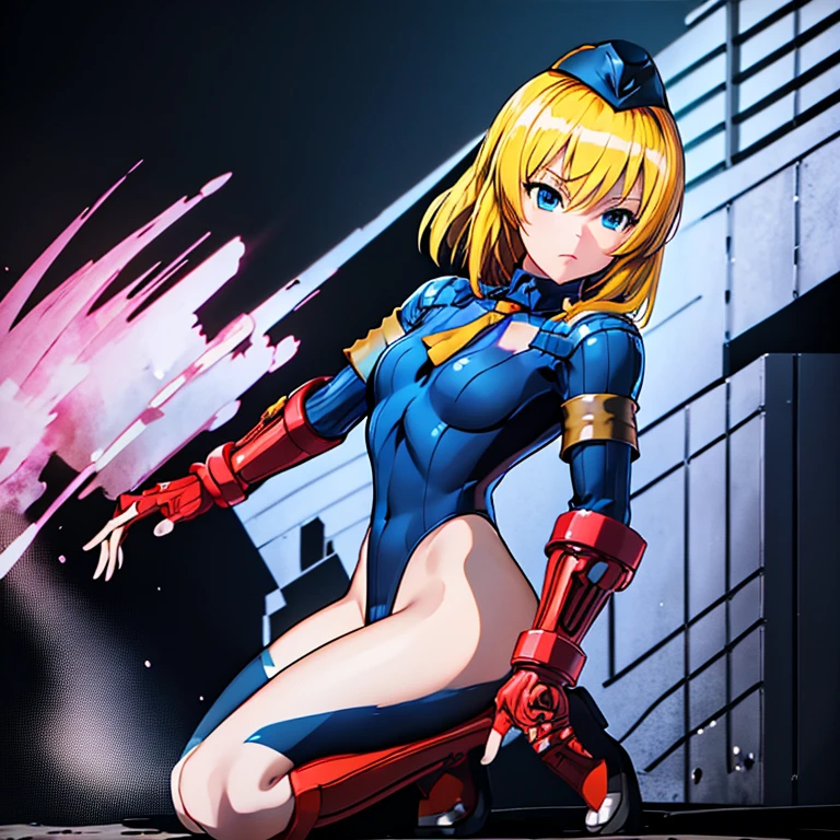 ultra-detailed, Explicit, Beautiful body, Beautiful Nose, Beautiful character design, perfect eyes, perfect face, ultra highres, 4K, beautiful legs, perfect legs, Nice hands, Perfect hand, Masterpiece, Best Quality, Highly detailed, illustration, absurdres, street fighter, doll suit, shadaloo doll, dollsuit, expressionless, blank eyes, looking at viewer, red gloves, emotionless, black latex, corrution, mind control, female combatant, full body, hypnotized, unhappy trance, full body suit, ribbed bodysuit, both arms at side, obey, perfect female body, extremely glossy latex, hypnosis, hypnoLora, empty eyes, Mind control device, poses, submissive_pose, Slave, hat, necktie, kneeling straight, kneeling, kneeling at attention, hat, necktie, belt, latex, ribbed bodysuit, thighhighs, garter belt, Fighting Stance, extending the right arm from the shoulder into the air with a straightened hand, nazi saluting, military, military saluting, salute, thigh boots, solo, 1girl, Ootomo Sourin, Blue eyes, blonde hair, medium hair, Sengoku Otome