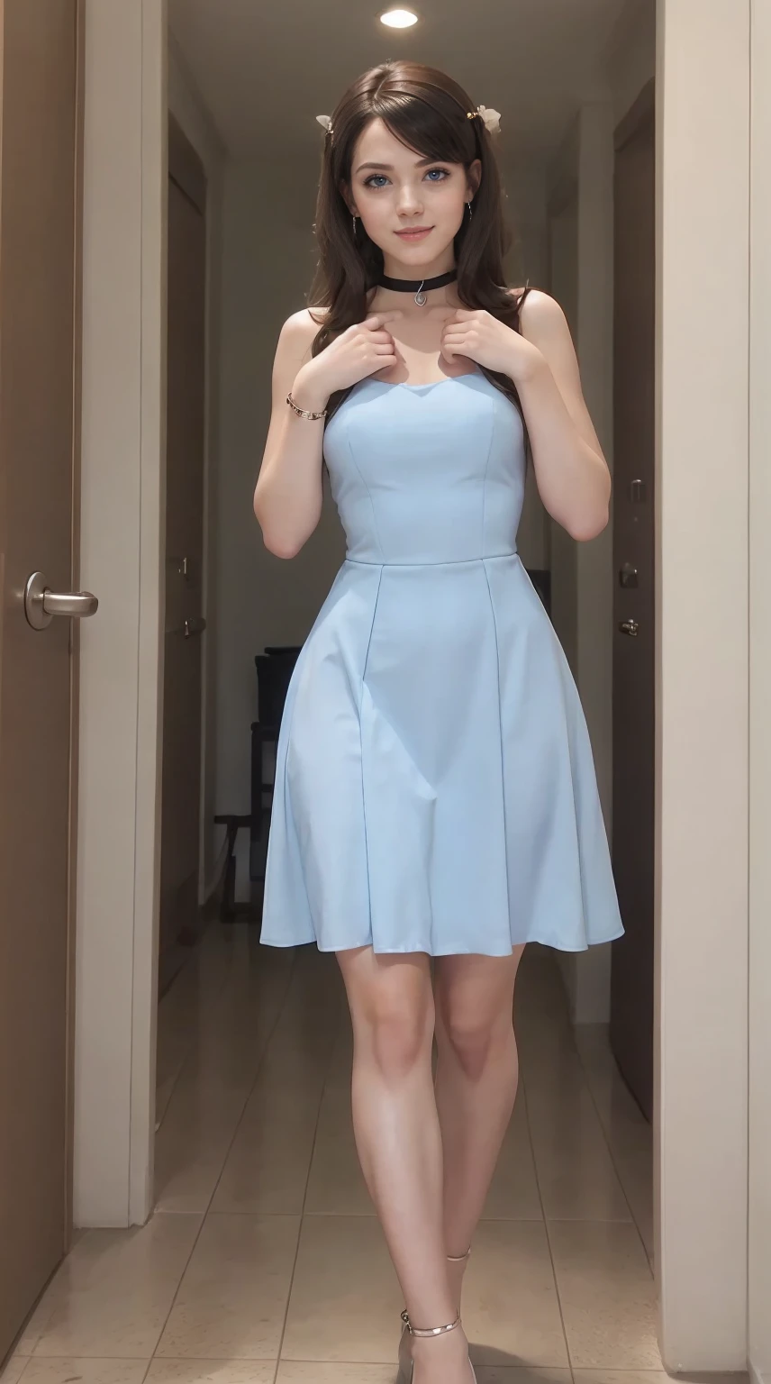 24 year old white female、Hair color is brunette、blue eyess、Longhaire、Straight hair、accessories on wrist、I&#39;m wearing a choker、skin is smooth、a smile、Slender but muscular body、wearing fingerless gloves、wearing a princess dress、I'm wearing high heels、I'm pounding my chest、I have a clutch bag、