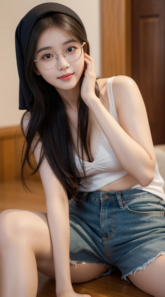1 girl, Very bright backlight, Alone, {beautidful eyes}, plumw, Brilliant moonlight, calm expression, The light is naturally soft, Hair fluttering in the breeze, exquisite facial features, bluntbangs, beautiful Korean girl, Eyes smile, Very small earrings,(Wearing sexy steampunk style lingerie),((model poses)),20 years, filmgrain, Real hands, in victorian architecture,(Denim lenses:1.3),steam 4 armor