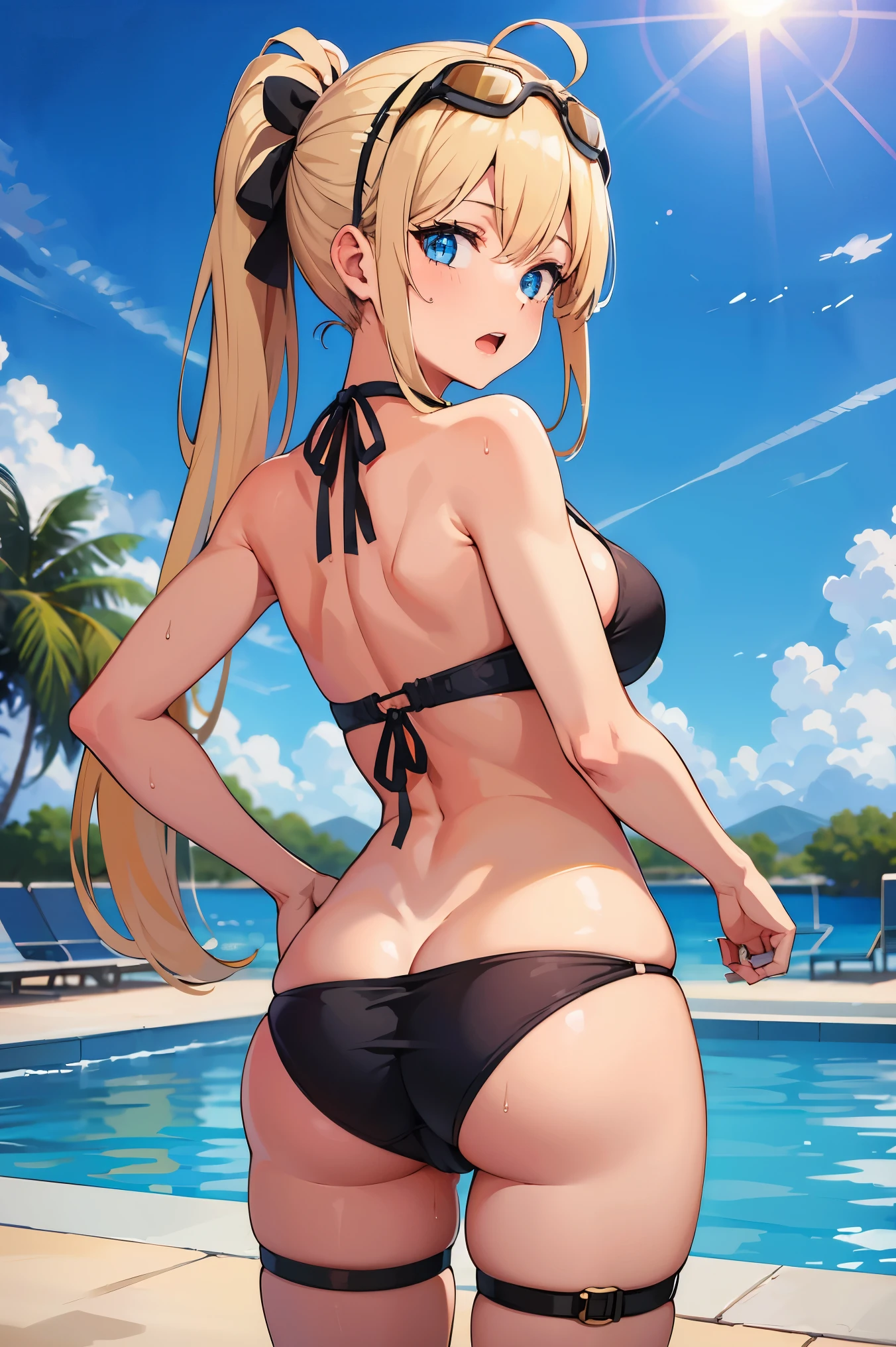 ((absurdres, highres, ultra detailed, high resolution, masterpiece, best quality, very fine 8KCG wallpapers)), 1 girl, solo, eyewear on head, sunglasses, palm tree, pool, ass, poolside, cloud, ocean, blue eyes, sky, water, beach, day, pool ladder, breasts, looking at viewer, tree, wet, swimsuit, blue sky, long hair, horizon, goggles on head, goggles, back, bikini, bottle, ponytail, open mouth, looking back, thighs, thigh strap, from behind, lake, plant, hair ribbon, ahoge, cup, outdoors, blonde hair, shore, plant, bottle,