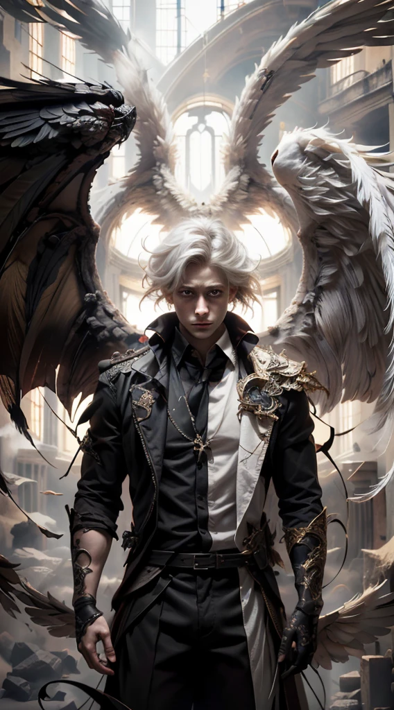 (master-piece:1.3),(bestquality:1.2),10,Absurd,unity 10 wallpaper,(Very detailed:1.3),highest, (young adult male), ((Separate theme)), long-haired, Heterochromia, (White Hair,Black Hair), (angel,Demons), (White wings,black wings)