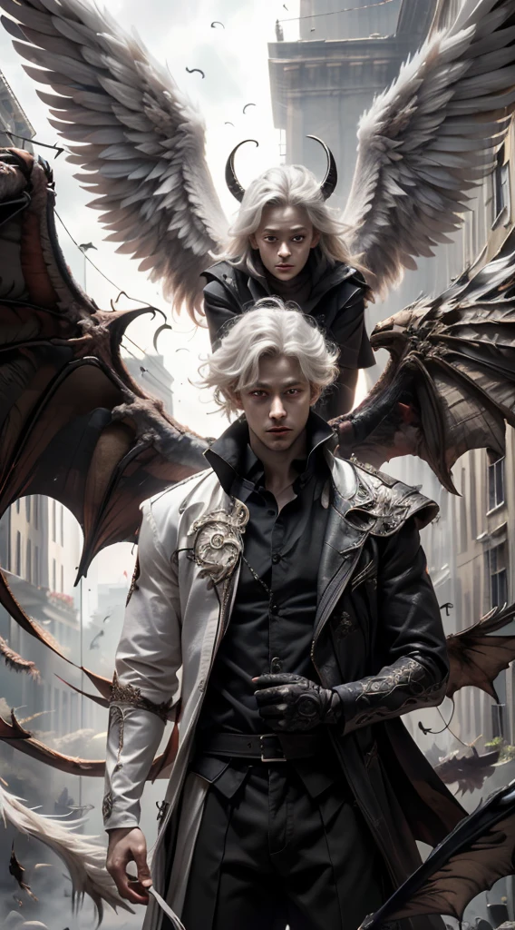 (master-piece:1.3),(bestquality:1.2),10,Absurd,unity 10 wallpaper,(Very detailed:1.3),highest, (young adult male), ((Separate theme)), long-haired, Heterochromia, (White Hair,Black Hair), (angel,Demons), (White wings,black wings)