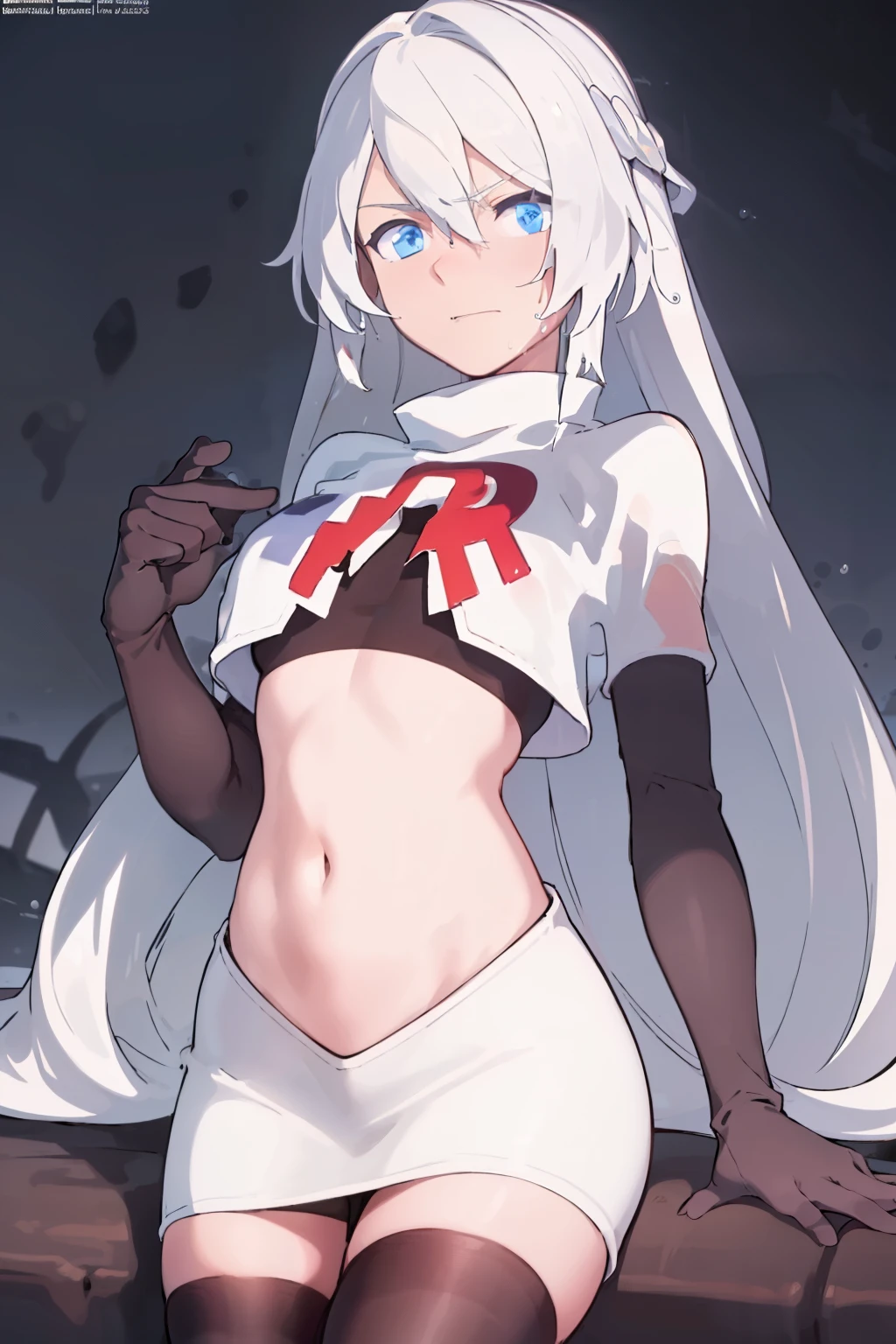 masterpiece, best quality, ultra-detailed, illustration, warm lighting, bright colors, 8K wallpaper, 1girl, solo, very long hair, white hair, blue eyes, wet hair, wet skin,team rocket,team rocket uniform,white skirt,red letter R,crop top,black thigh-highs,black elbow gloves