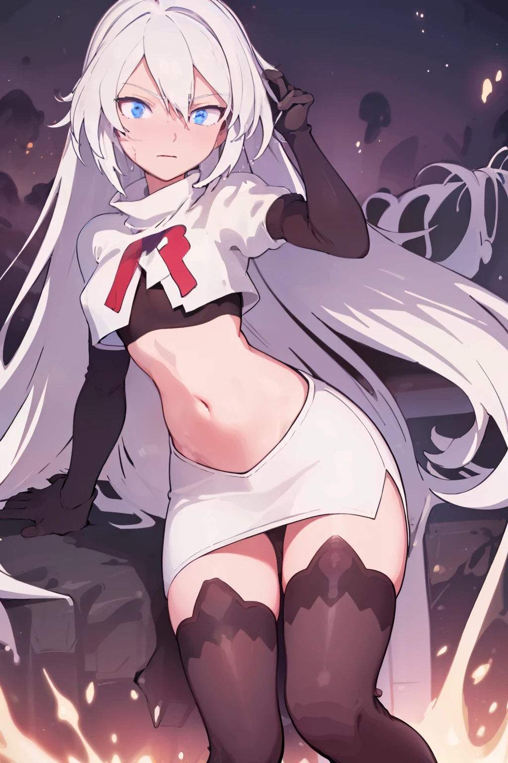 masterpiece, best quality, ultra-detailed, illustration, warm lighting, bright colors, 8K wallpaper, 1girl, solo, very long hair, white hair, blue eyes, wet hair, wet skin,team rocket,team rocket uniform,white skirt,red letter R,crop top,black thigh-highs,black elbow gloves