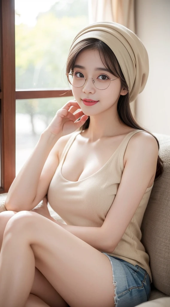 iu:0.8).cleavage, RAW, Best quality, high resolution, Masterpiece: 1.3, Beautiful glasses hijabi java girl wearing shorts and sportra, Masterpiece, Soft smile