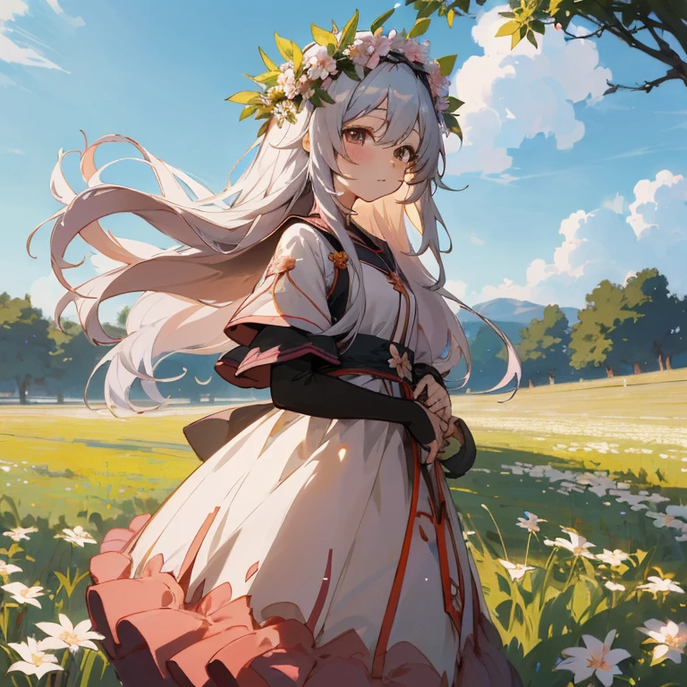 Anime Girl with Long Hair and flower crown in field, Cute anime waifu in a nice dress, Anime visuals of cute girls, Beautiful anime girl, Beautiful anime portrait, Cute anime girl, Beautiful anime, loli in dress, Smooth Anime CG Art, Anime Girl with Long Hair, guweiz on pixiv artstation, Portrait Anime Girl, pretty anime girl
