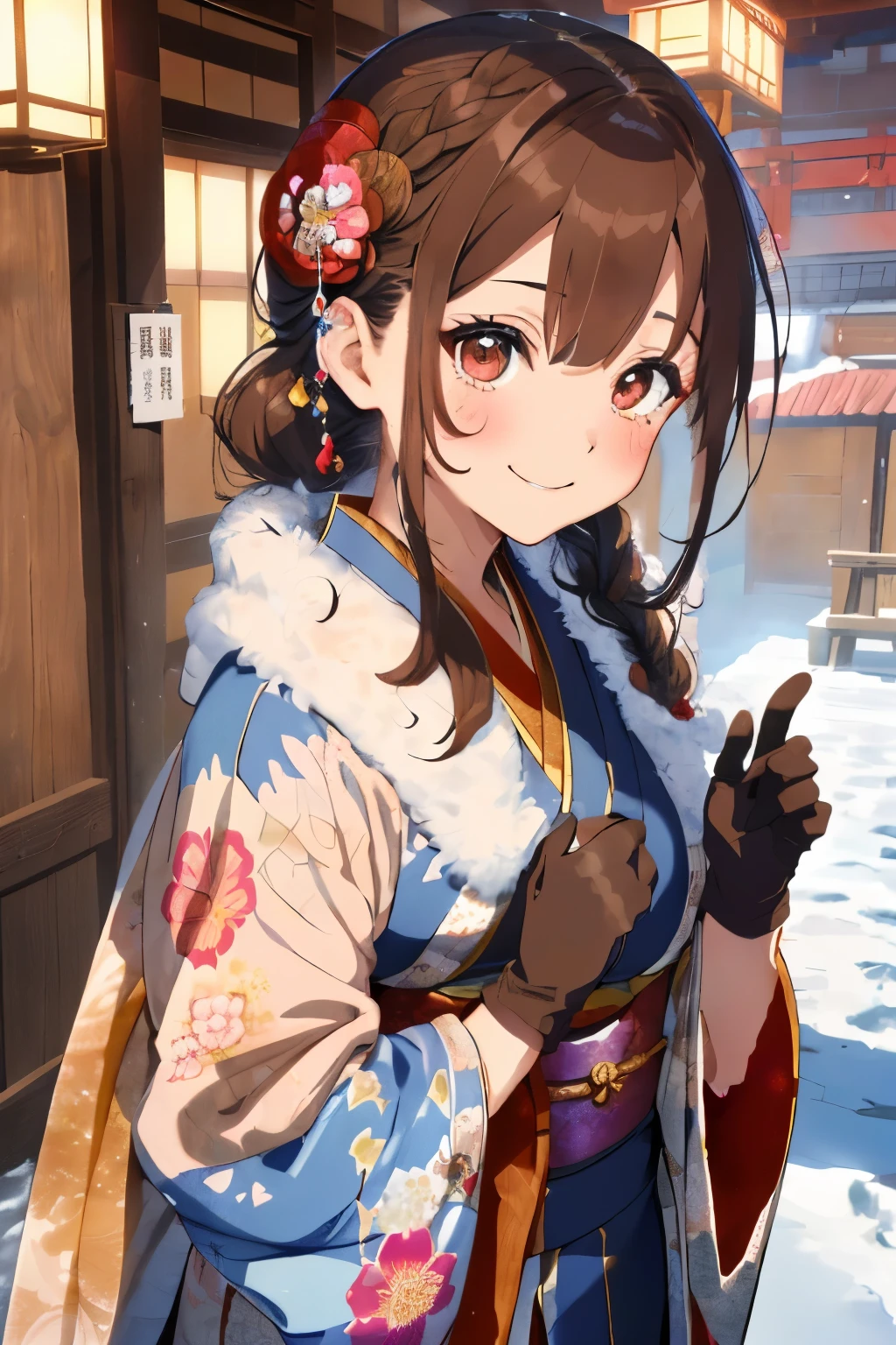(Brown hair),(Braided shorthair),(With bangs),(Brown eyes:1.25),Slight red tide,(Her eyes are sparkling:1.2),(Eye size:1.7),(gloves:1.5),(messy and messy hair:1.2),(Kimono with cute design:1.4),(place々Japanese clothes with lace:1.3),(Brown short boots),(Happy smile:1.1),(Smiling smile:1.15),(Kadomatsu:1.25),(Accessories shaped like flowers and crystals:1.3),(close up of face:1.25),(和風な雰囲気の場place),(warm winter coat:1.3),(muffler:1.3),(1 who has a fortune.35),(Showing the fortune here:1.35),