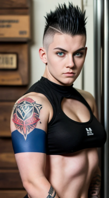 White young woman , tomboy , Punk tattoos, 18 years old, mohawk haircut, black hair, blue eyes fixed, intense gaze, affiliated features, no facial hair, height 1.83, weight 88 kg , muscular build, broad shoulders, V-shaped body, full body focus, completely hairless,