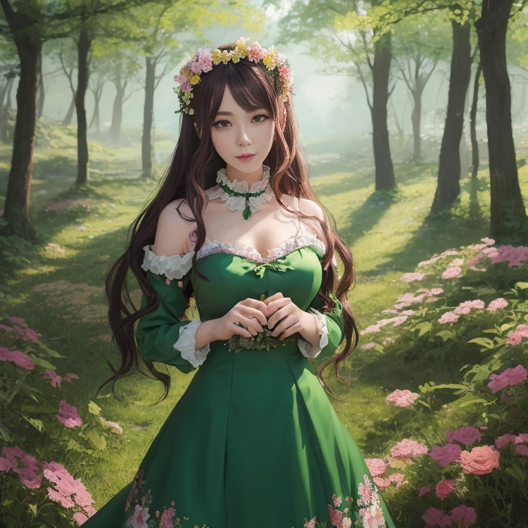 Anime girl in a green dress with flowers in her hair, a maid in a magical forest, anime lush john 8k woods, guweiz on pixiv artstation, loli in dress, artwork in the style of guweiz, guweiz, guweiz on artstation pixiv, marin kitagawa fanart, Beautiful Anime Portrait, anime moe art style